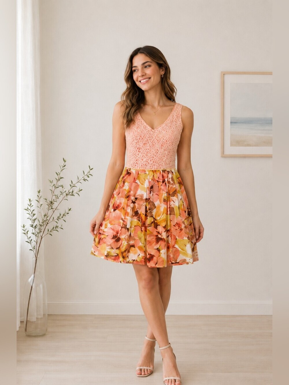 Paper Doll Juniors Size 11 Peach Lace Floral Dress Sleeveless Fit & Flare